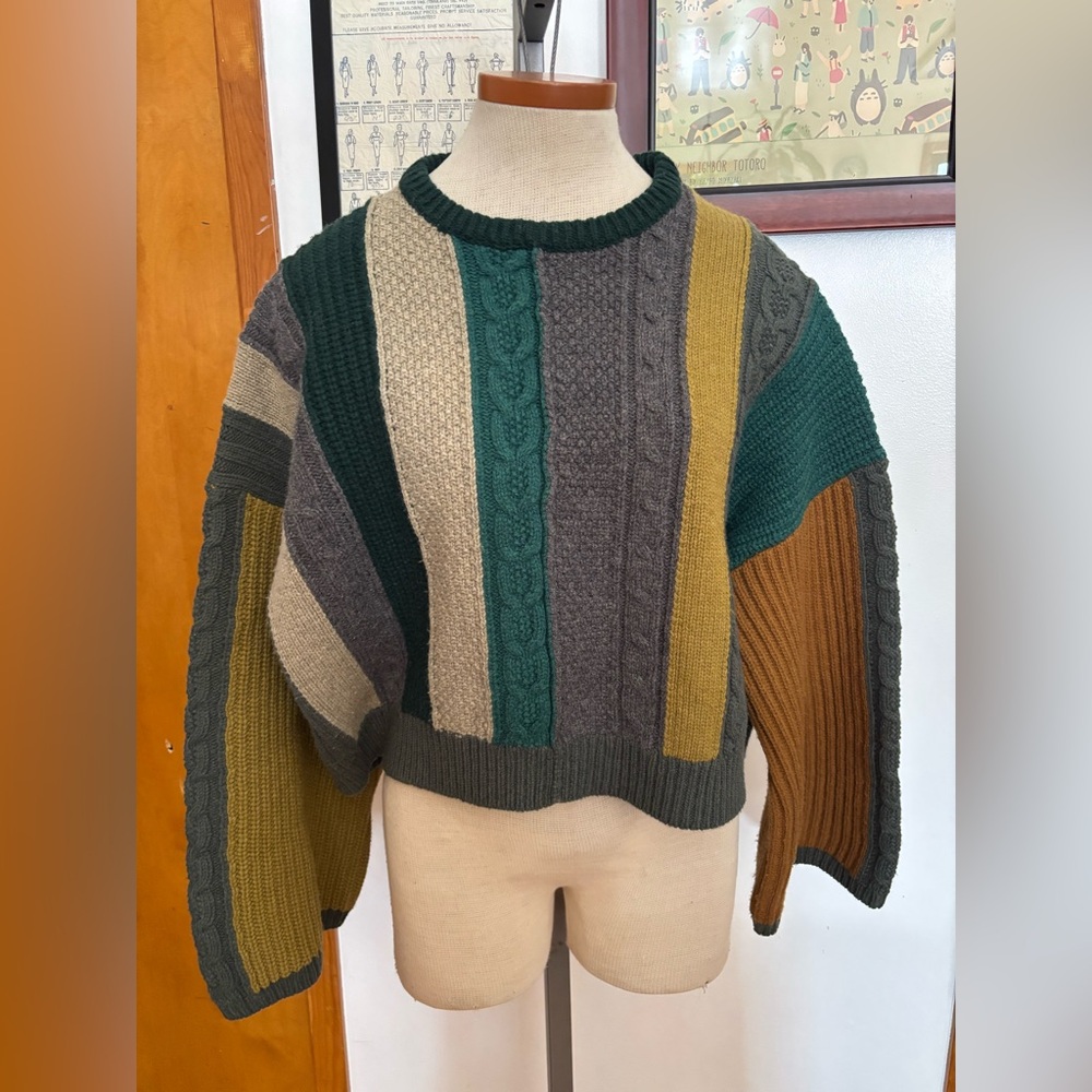 ZARA SRPLS: 100% WOOL Cropped Color-block Stripe Sweater SZ.XS (GREEN MULTI)